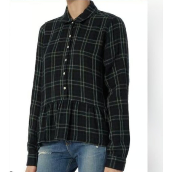Trovata Birds Paradis Button Down Top Shirt Peplum Flannel Long Sleeve Blue XS - Picture 1 of 7